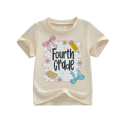 Toddler Girls' Back to School Short Sleeve T-Shirts with Grade Print - Casual Summer Tops for Ages 4-11