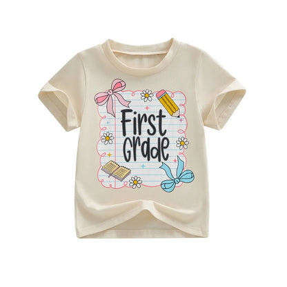 Toddler Girls' Back to School Short Sleeve T-Shirts with Grade Print - Casual Summer Tops for Ages 4-11