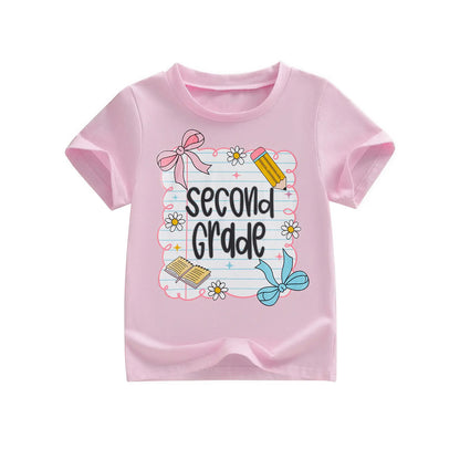 Toddler Girls' Back to School Short Sleeve T-Shirts with Grade Print - Casual Summer Tops for Ages 4-11