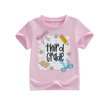 Toddler Girls' Back to School Short Sleeve T-Shirts with Grade Print - Casual Summer Tops for Ages 4-11