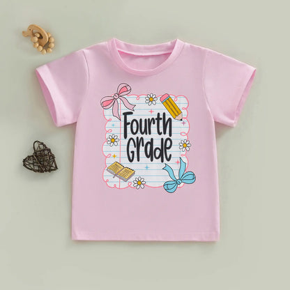 Toddler Girls' Back to School Short Sleeve T-Shirts with Grade Print - Casual Summer Tops for Ages 4-11