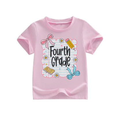 Toddler Girls' Back to School Short Sleeve T-Shirts with Grade Print - Casual Summer Tops for Ages 4-11