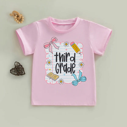 Toddler Girls' Back to School Short Sleeve T-Shirts with Grade Print - Casual Summer Tops for Ages 4-11