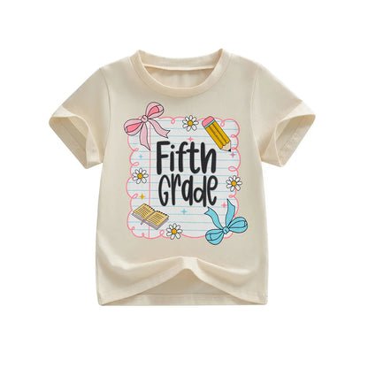 Toddler Girls' Back to School Short Sleeve T-Shirts with Grade Print - Casual Summer Tops for Ages 4-11