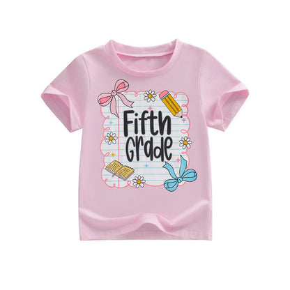 Toddler Girls' Back to School Short Sleeve T-Shirts with Grade Print - Casual Summer Tops for Ages 4-11