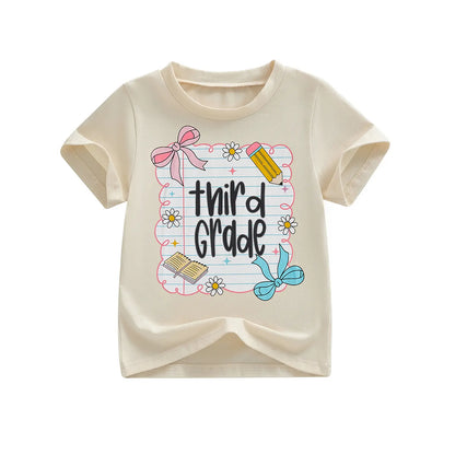 Toddler Girls' Back to School Short Sleeve T-Shirts with Grade Print - Casual Summer Tops for Ages 4-11