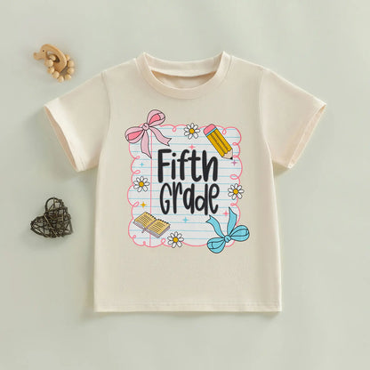 Toddler Girls' Back to School Short Sleeve T-Shirts with Grade Print - Casual Summer Tops for Ages 4-11